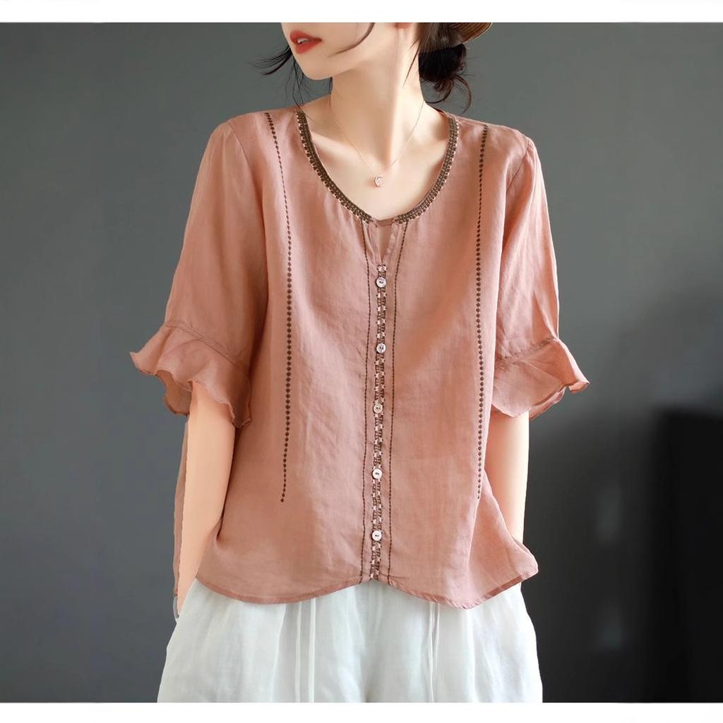 Cotton and Linen Literary Retro Five-point Sleeve Cotton Linen V-neck T-shirt for Women Loose Slim and Versatile Embroidered Top