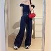 Retro Hong Kong-style Denim Suit Women's Summer Bubble Sleeves One-word Collar Top, High Waist Mopping Floor Wide-leg Pants, Thin Two-piece Set