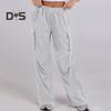 Women Cargo Pants Elastic Waist Mid-rise Straight Wide Leg Sweatpants with Multi Pockets Solid Color Casual Jogging Pants Loose Lounge Pants