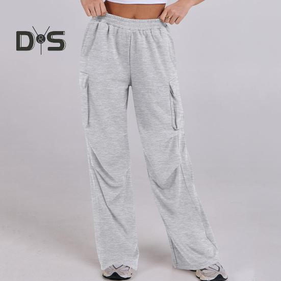 Women Cargo Pants Elastic Waist Mid-rise Straight Wide Leg Sweatpants with Multi Pockets Solid Color Casual Jogging Pants Loose Lounge Pants