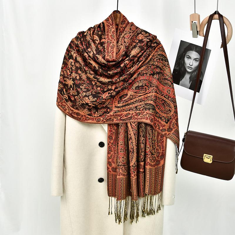 Etniczny Szalik Hidżab z Haftem Paisley Retro Orzech Bawełniany Hidżaby dla Muzułmanek Szale do Owijania Eleganckie Szale Damskie Turban Chusta na Głowę