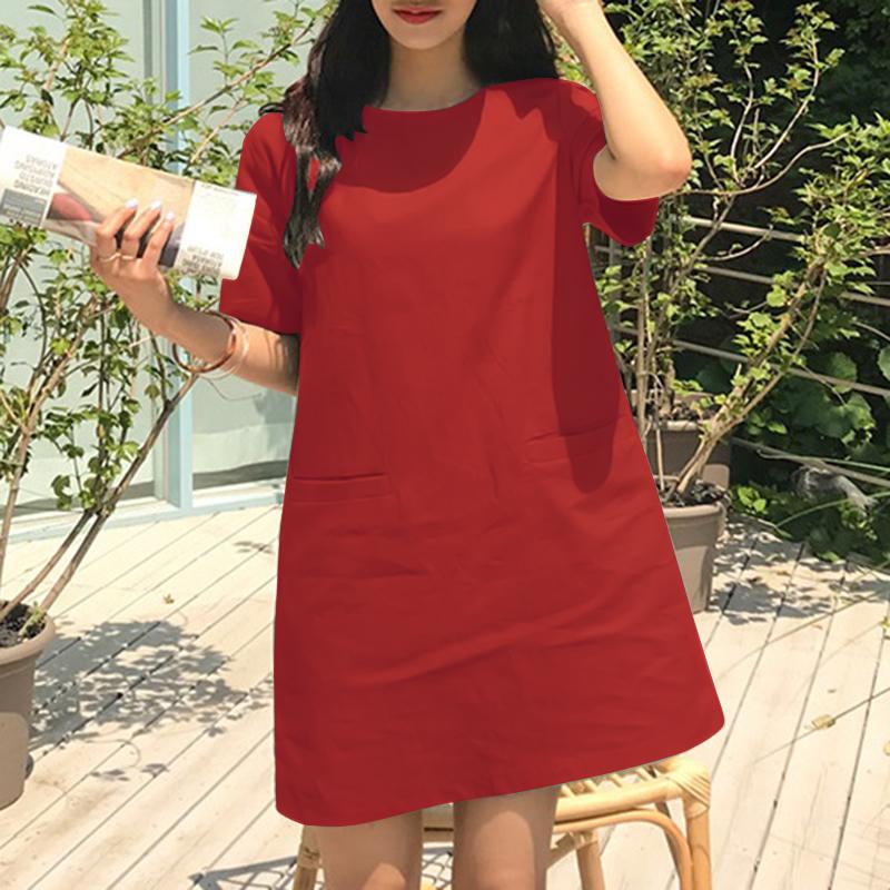 ZANZEA Kvinner Sommer Casual Løs Solid Kortermet Crew Neck Mini Shift Kjole