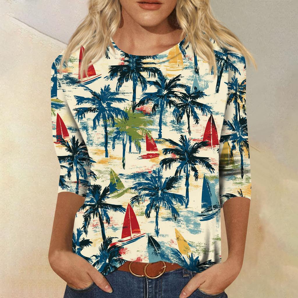 Módní vintage top s 3/4 rukávem pro ženy, dámská ležérní halenka s tříčtvrtečním rukávem a kulatým výstřihem s potiskem