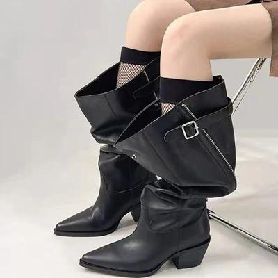 Pointed Toe Pleated Women High Boots Mid Heels Shoes Designer Brand Trend Gladiator Shoes Fashion Pumps Western Botas Mujer