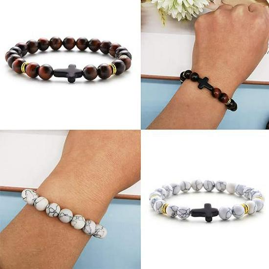 Temu Volcanic Rock & Turquoise Tiger's Eye Gemstone Elastic Bracelet