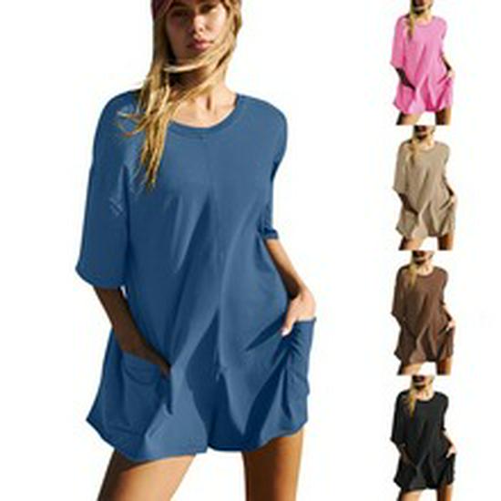 Summer 2025 Cotton Linen Solid Color Loose Fit Short Sleeve Dress
