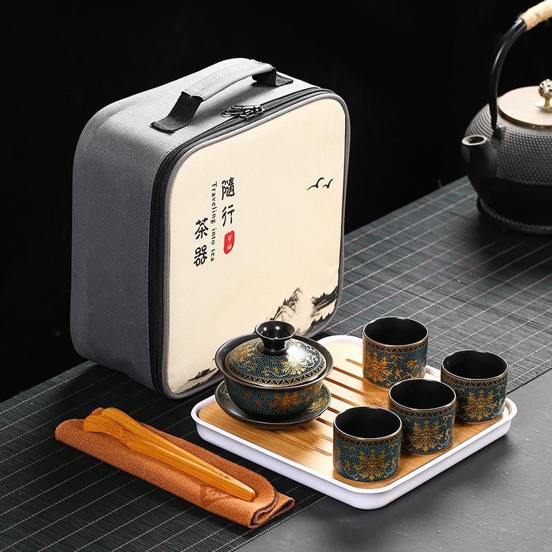 Pile flower gilt whole set Kung Fu tea set Portable travel tea set Business enterprise Company event gift set