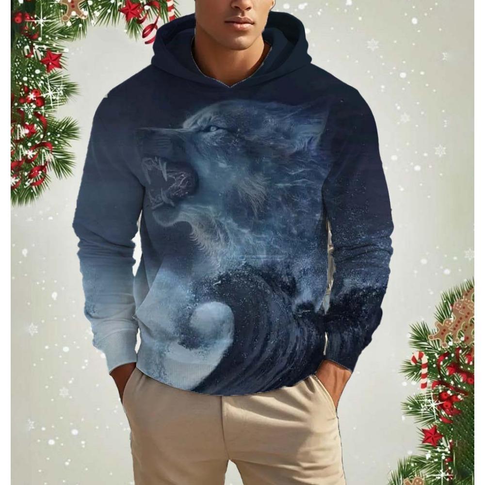 Men's Hooded Fashion Animal Wolf 3D Print Hoodies Top Spring Autumn Fashion Casual Long Sleeved Pullover Oversized Sweatshirts