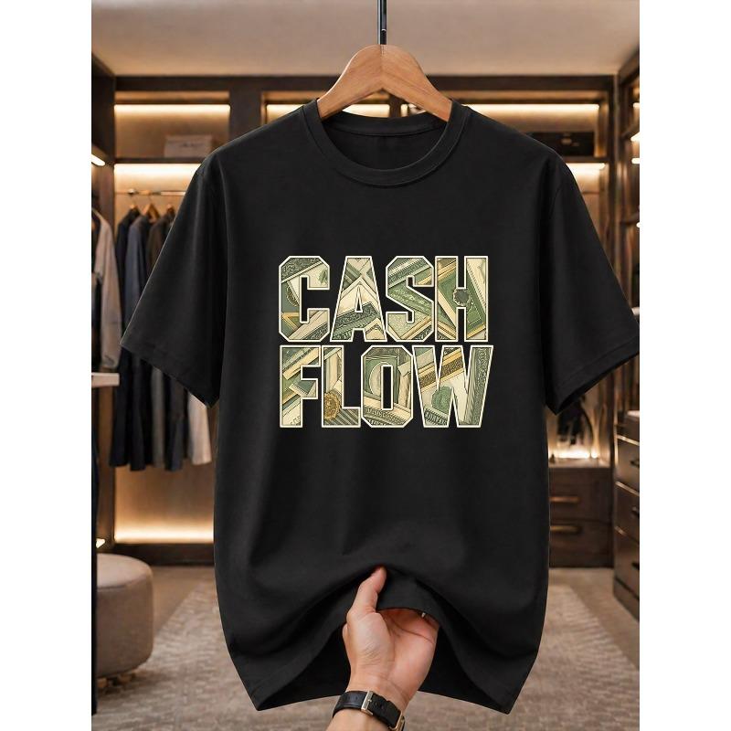 

Men S T-Shirt, Creative Cash Flow Letter Graphic Design with Dollar Bill Details, Casual Top in Multiple Sizes, Great for Daily Casual Wear S чёрный