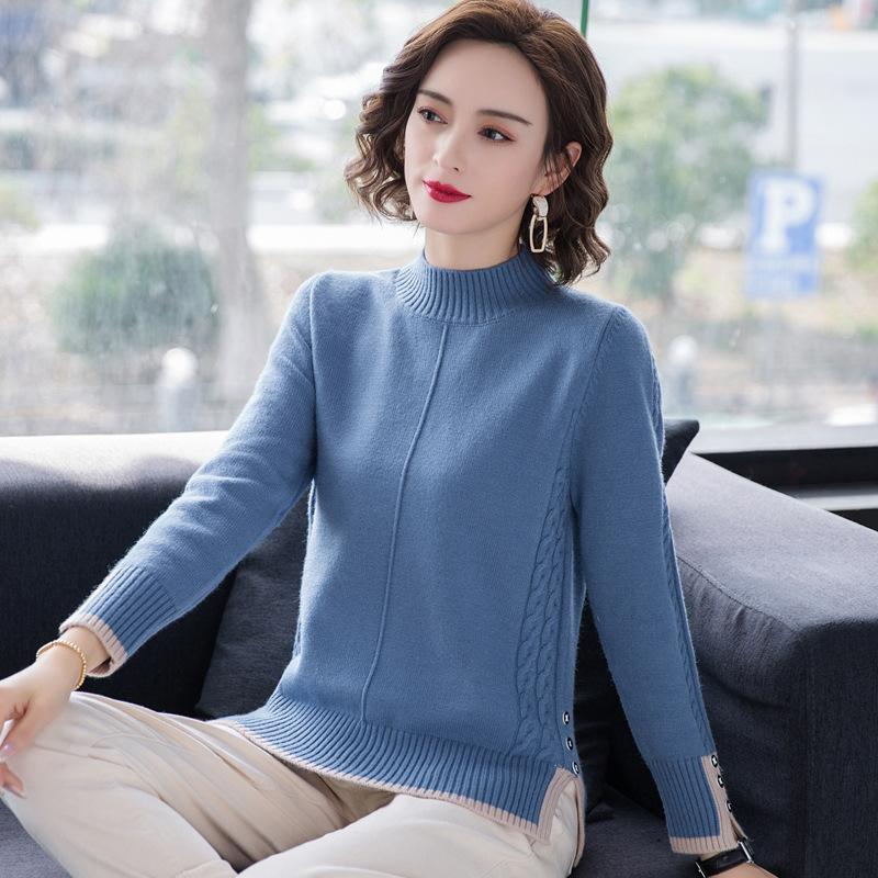 Half High Neck Sweater Split Hem Design Women's Knitted Pullover Casual Solid Color Sweater Harajuku Commuting Autumn and Winter