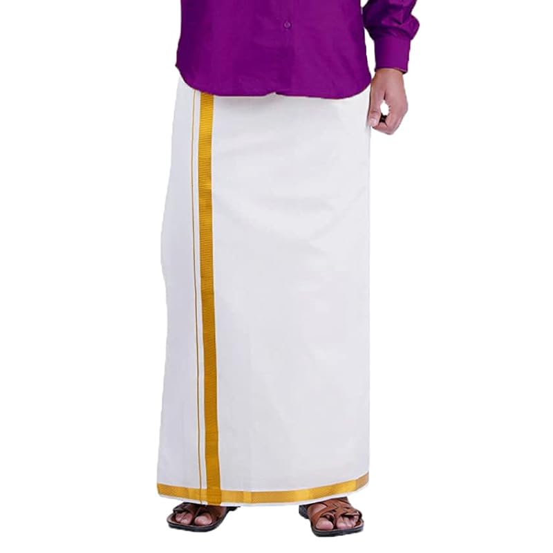 PRAKASAM COTTON Dhoti da Uomo Colore Bianco Bordo Jari Tasca con Velcro Cucito/Taglia Vita -34 pollici- Lunghezza- 42 pollici