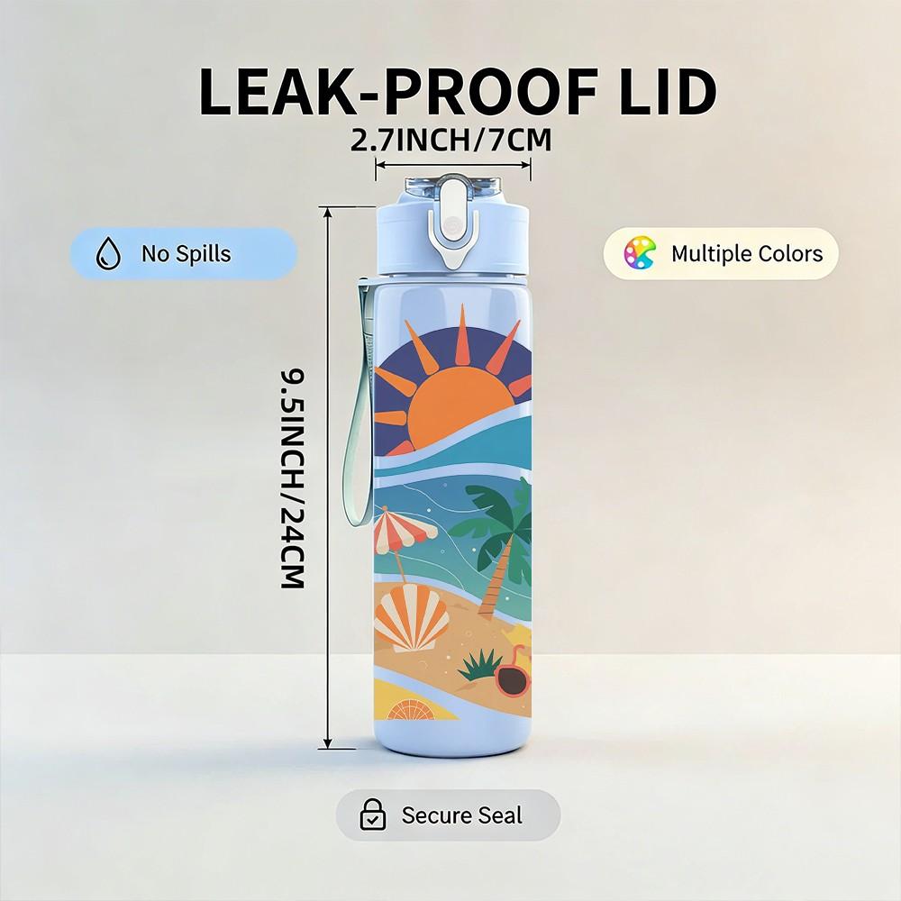 1PC Sunset Beach Palm Tropical Scenery Print 750ml Color Plastic Sports Water Bottle Leakproof Flip Straw Lid Suitable for Sports Office Home Use