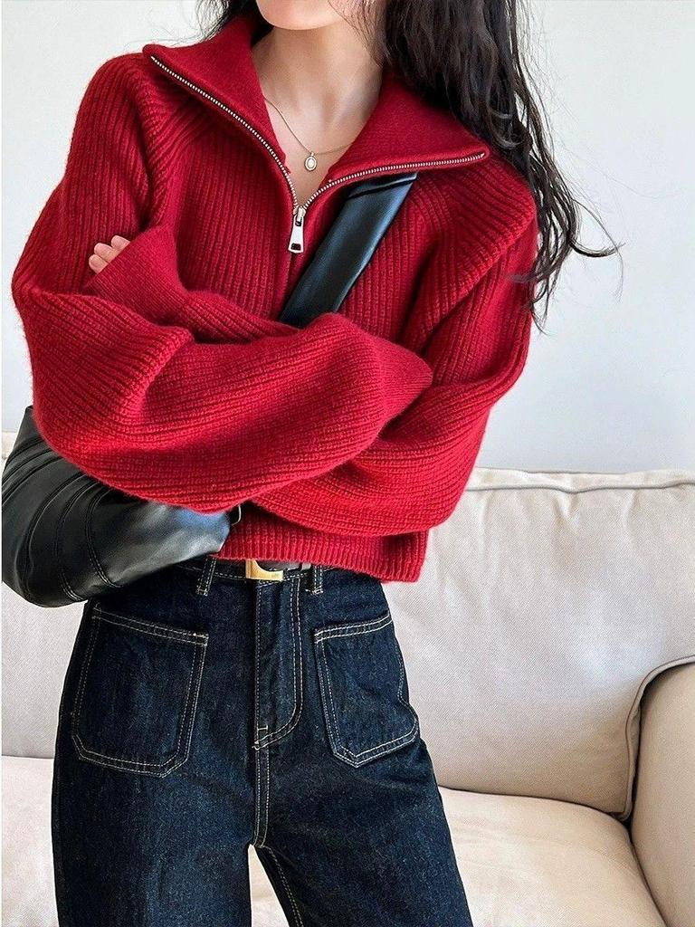 New Fashionable High Neck Zipper Knit Sweater – Loose Fit for Autumn/Winter