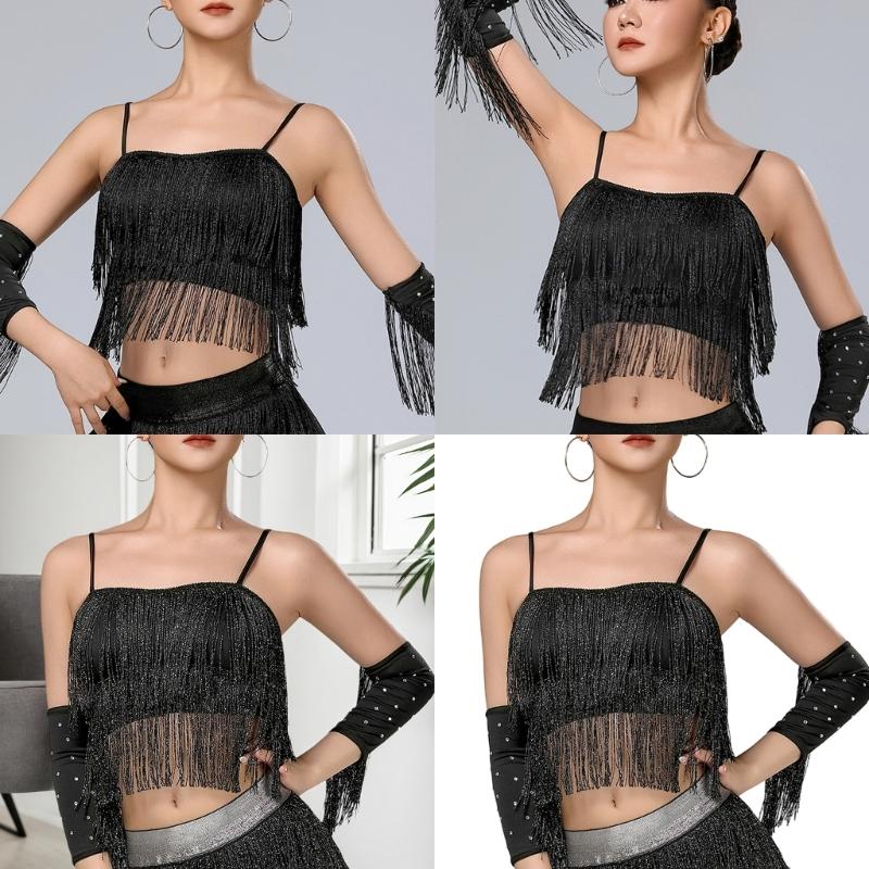 Stage Ready Milk Silk Dance Top Glittering Sequins Coverage Flexible Fringe Movement Square Neck Design For Competition And Practice