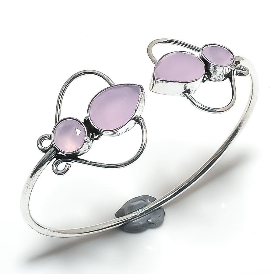 Pink Chalcedony Gemstone 925 Sterling Silver Cuff Bangle Adjustable D8v95