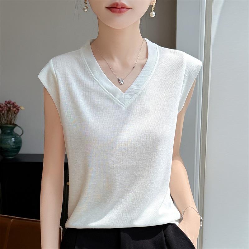 Women Solid Color Loose V Neck Flutter Sleeve Short Sleeve Knit T Shirt Top M белый