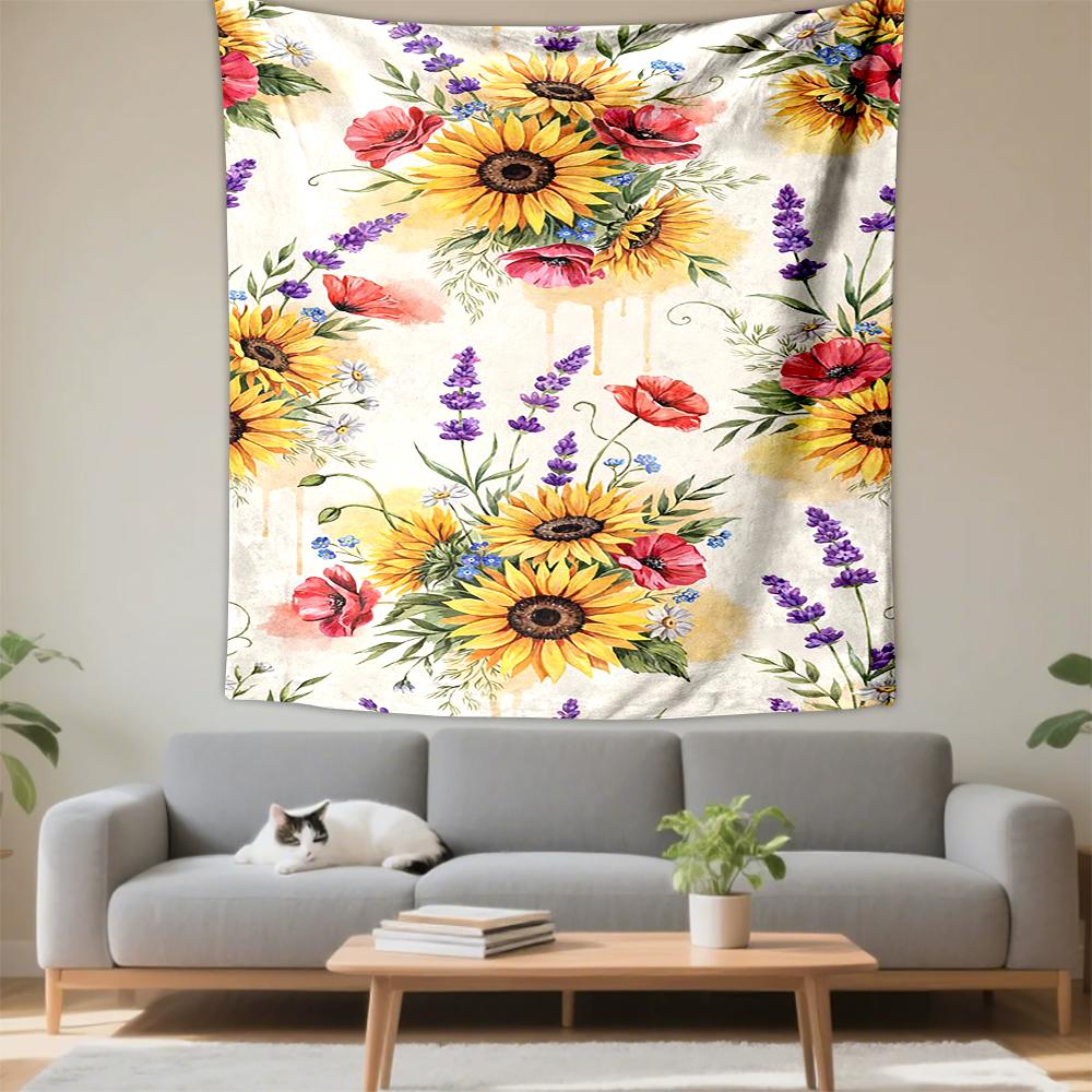 Sunflower and Poppy Floral Design Patterned Tapestry for Bedroom and Living Room Home Decor