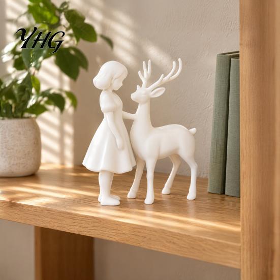 Study Room Desktop Decorations Girl And Deer Figurine, 3D Printed White Artistic Statue, Tabletop Fairy Tale Style Home Decor Ornament Sculpture