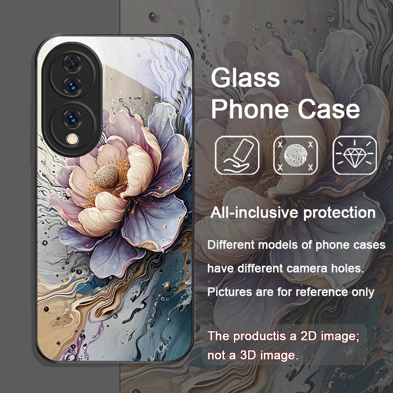 Luxury Lotus Marble Floral Pattern Tempered Glass Phone Case for Huawei Nova 13 12 11 10 SE Mate 70 60 50 ProPlus P60 P40 Cover