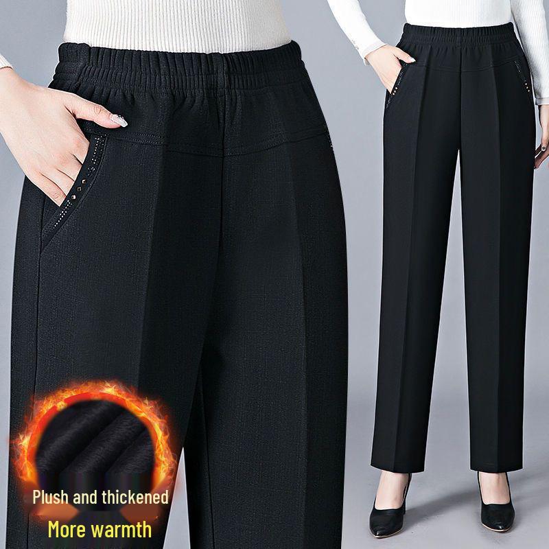 Fleece-Lined High-Waisted Straight-Leg Pants for Middle-Aged & Elderly Women - Ideal for Spring & Autumn