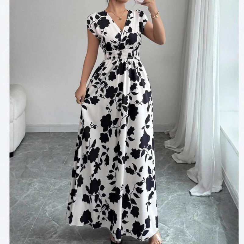 New Printed V-neck Short Sleeved Summer Dress Waist Cinching A-line Party Dresses Casual Elegant Sweet Long Dress Losoe Casual Women's Clothing