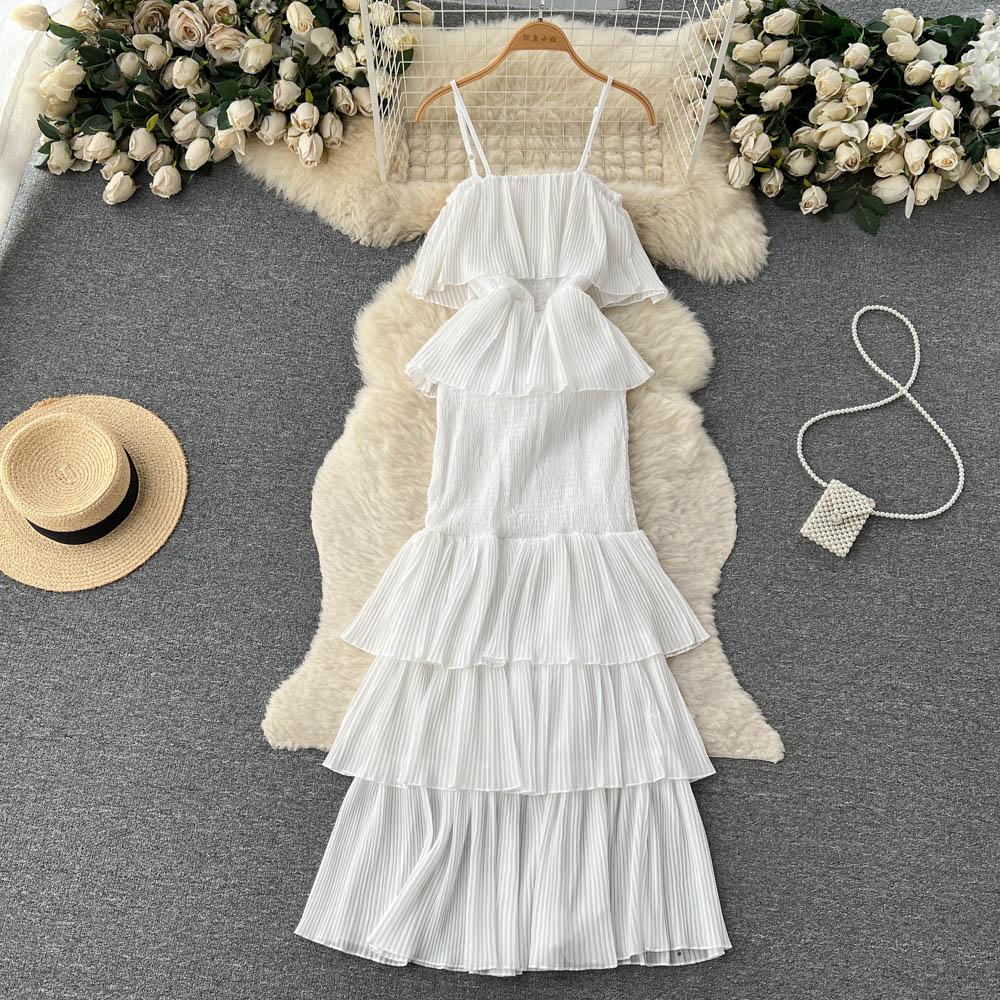 Kvinnor Sommarklänning Söt Chiffong Suspender Temperament Fransk Mildhet Elegant känsla Volang Tårta Feeklänning D3227