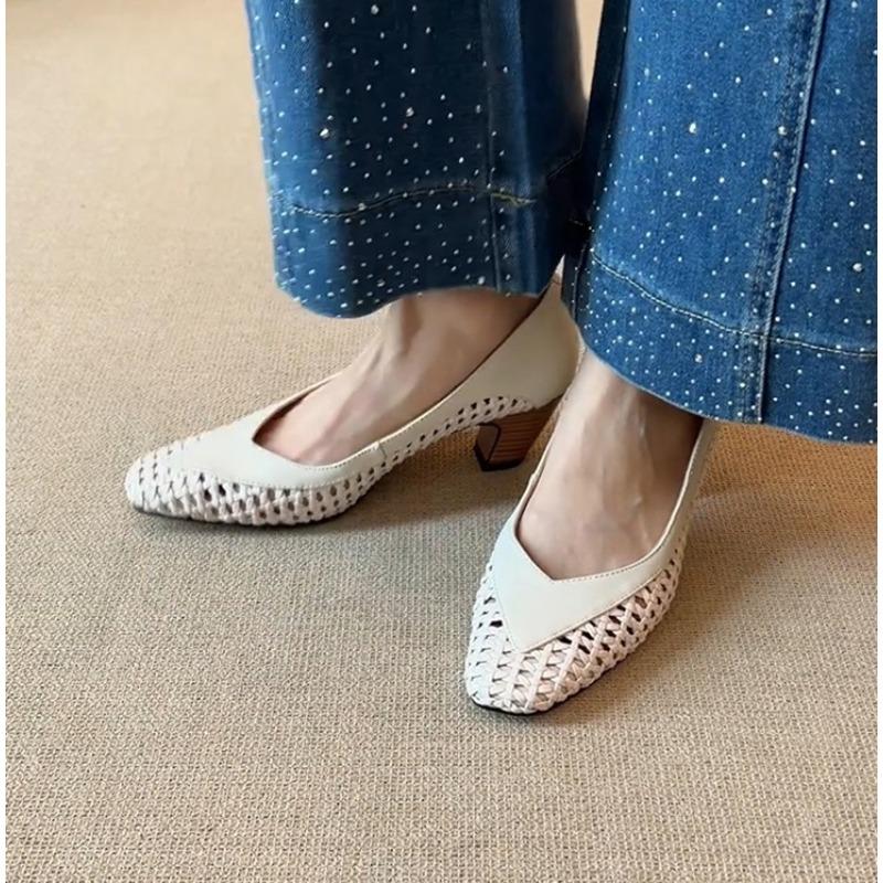 Vintage Handmade Weaving Thick Heel Women's Shoes French Hollow Out Shallow Mouth Sandals Women's Summer High Heels Shoes
