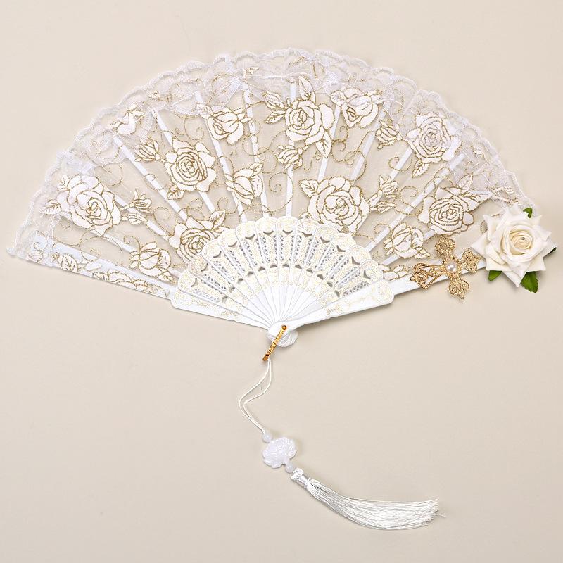 Female Lace Hand Fan Lolita Gothic Fan Victorian Vintage Black White Red Rose Bamboo Fans Cosplay Halloween Party Photo Prop