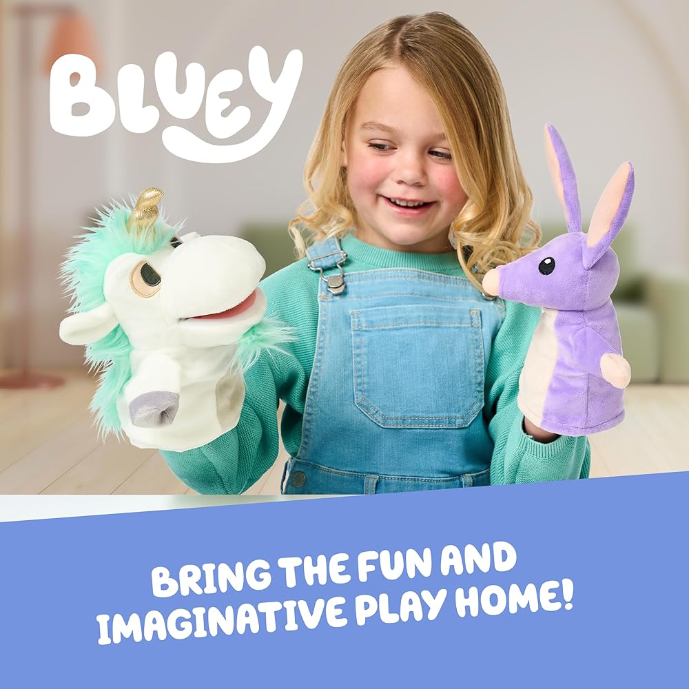 Bluey Unicorse and Bob Bilby Plush Puppets 8-9 Inch Soft Animal Puppets for Small Hands Ages 3 and Up