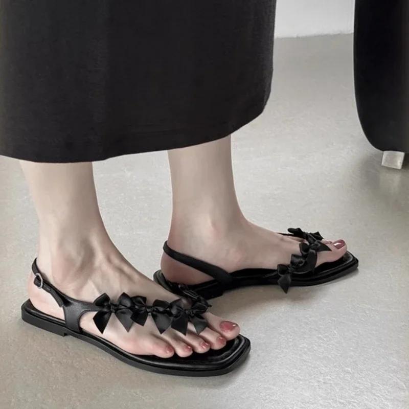 Fashion New Sweet Fashion Women Clip-toe Sandals Summer Non-slip Ladies Flat Shoes Black White Women's Causal Bowknot Slippers Elegant