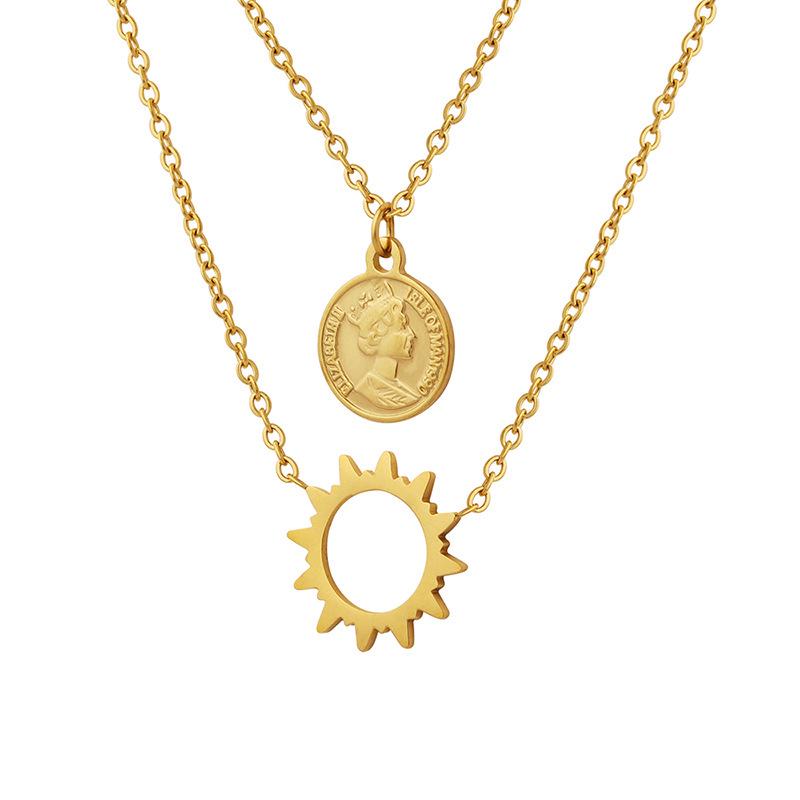 18K Gold Sun Embossed Portrait Pendant Necklace, Titanium Steel Clavicle Chain
