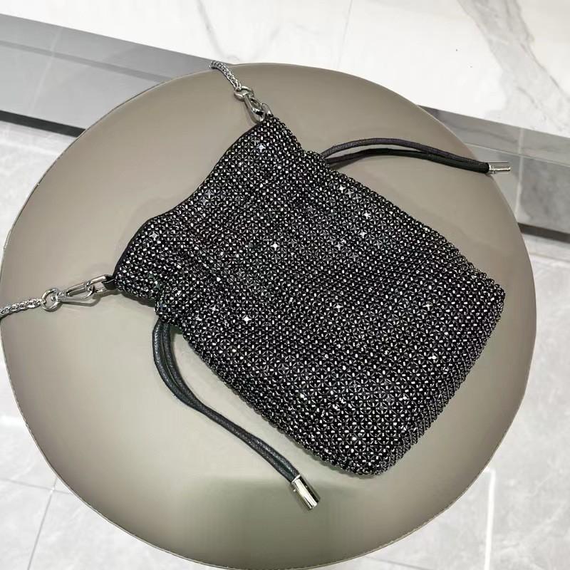 Sparkling Rhinestone Drawstring Mini Square Handbag Women PU Leather Crossbody Bag With Magnetic