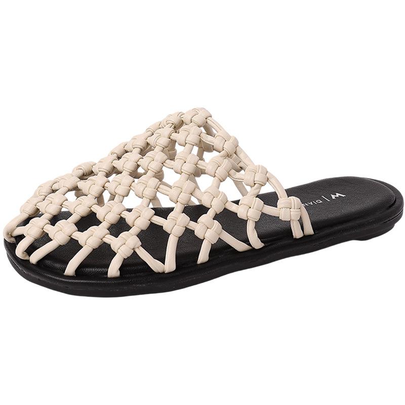 French Retro Simple Flat-bottomed Sandals Woven Hollow Bag Head Half Slippers Women's Summer Versatile Outer Wear Beach Slippers