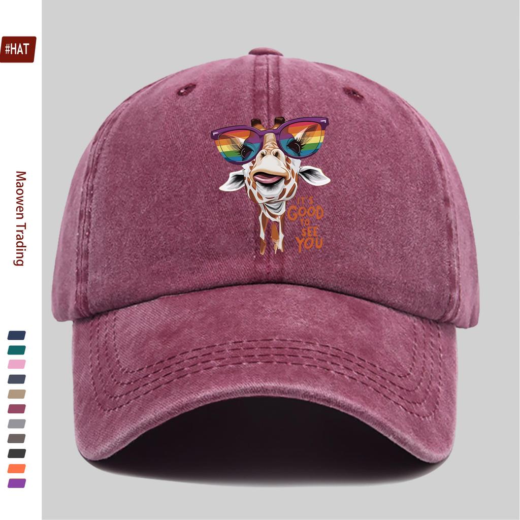 Pc Giraffe Print Baseball Cap with Glasses Home Leisure Heart Decor Papa Hat Truck Driver Sun Hat Washable Adjustable Headwe
