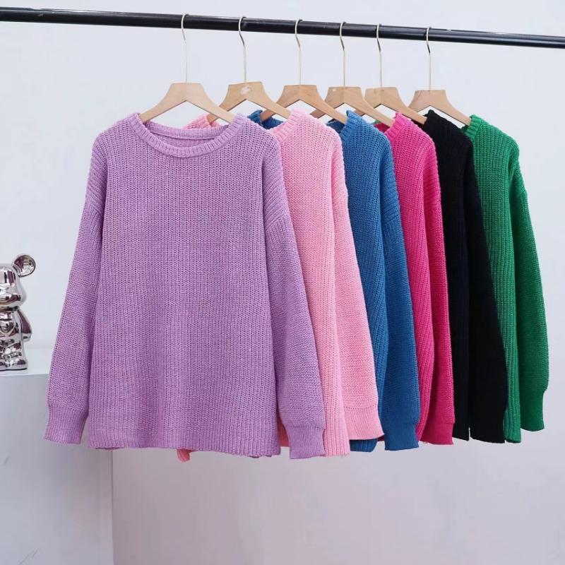Jesienny Luźny Sweter Dzianinowy Pulower Casual dla Kobiet Moda Nowy Długi Rękaw Okrągły Dekolt Zimowe Swetry Kobiety Elegancki Gładki Ciepły Dzianinowy Sweter 25722