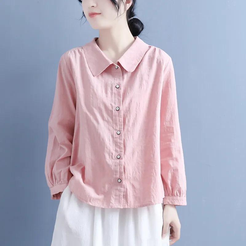 

2024 Spring Women s Cotton Linen Long-Sleeved Casual Shirt L 100-115 lbs белый