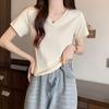 Waist Slimming V-neck Clavicle T-shirt Women's Short-sleeved Summer Thin Style Slimming Irregular Hem with Fishbone Top