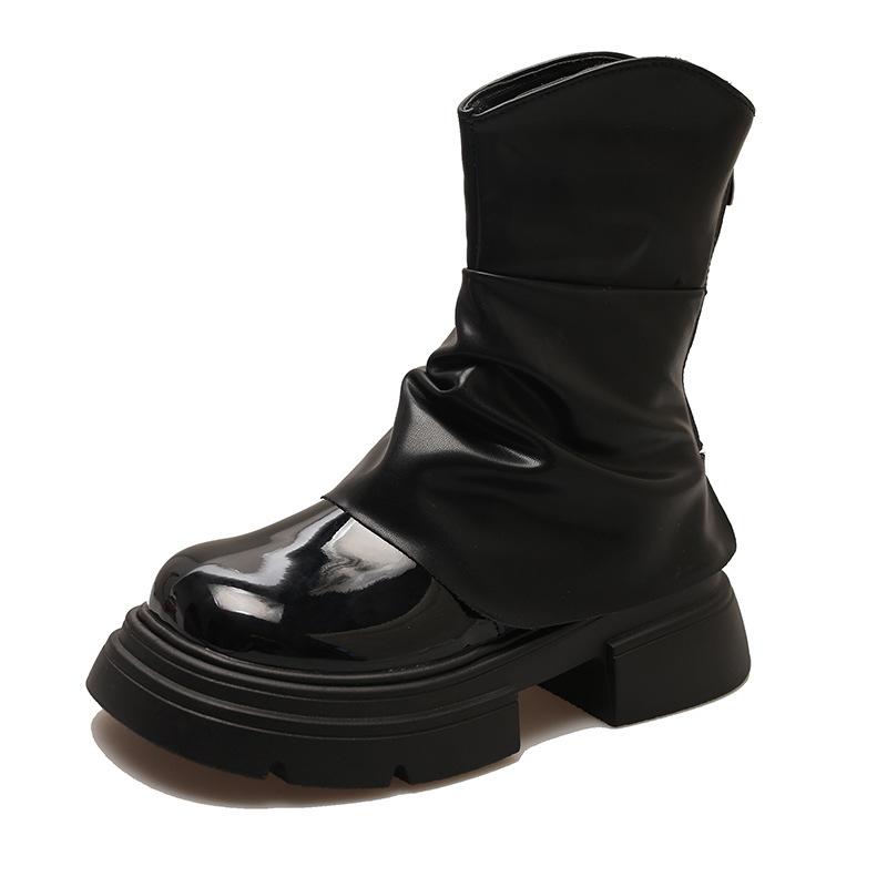 Martin Boots Women's British Style Autumn Popular Autumn and Winter New European and American Thick Bottom Solid Color Round Head Rear Zipper T