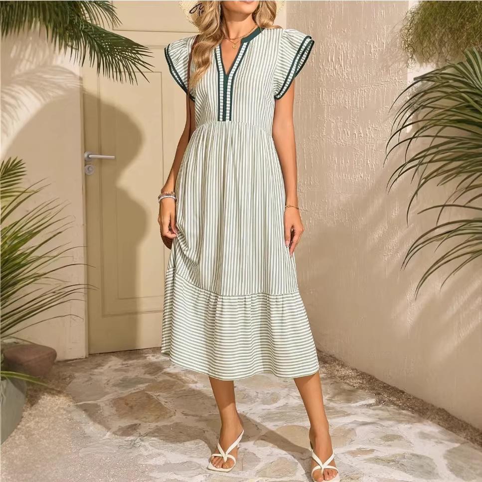 2026 European & American Fashion Women's Striped Double Ruffle Short Sleeve Color Block V-neck Skirt