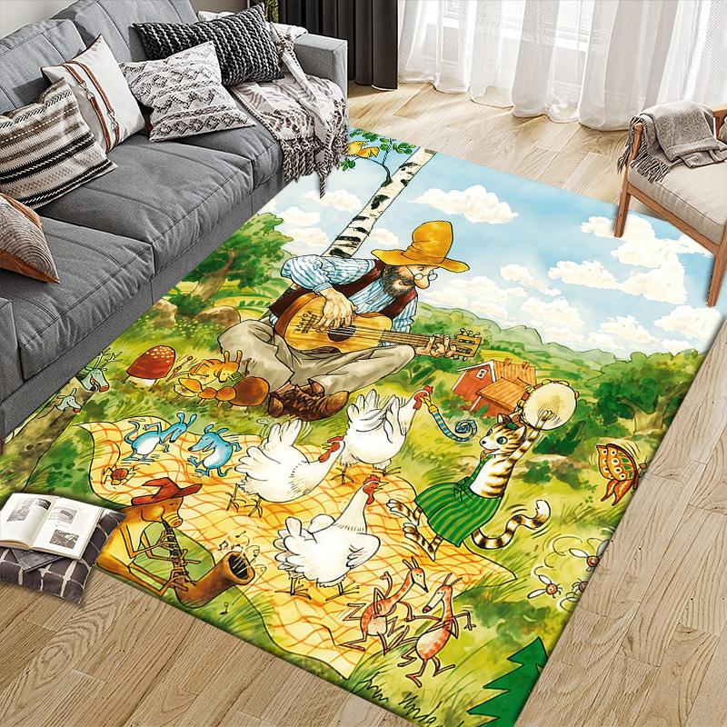Pettson and Findus Flannel Pattern Square Carpet,Area Rug,Carpet Rug for Living Room Bedroom Sofa Playroom Decor,Non-slip Floor Mat