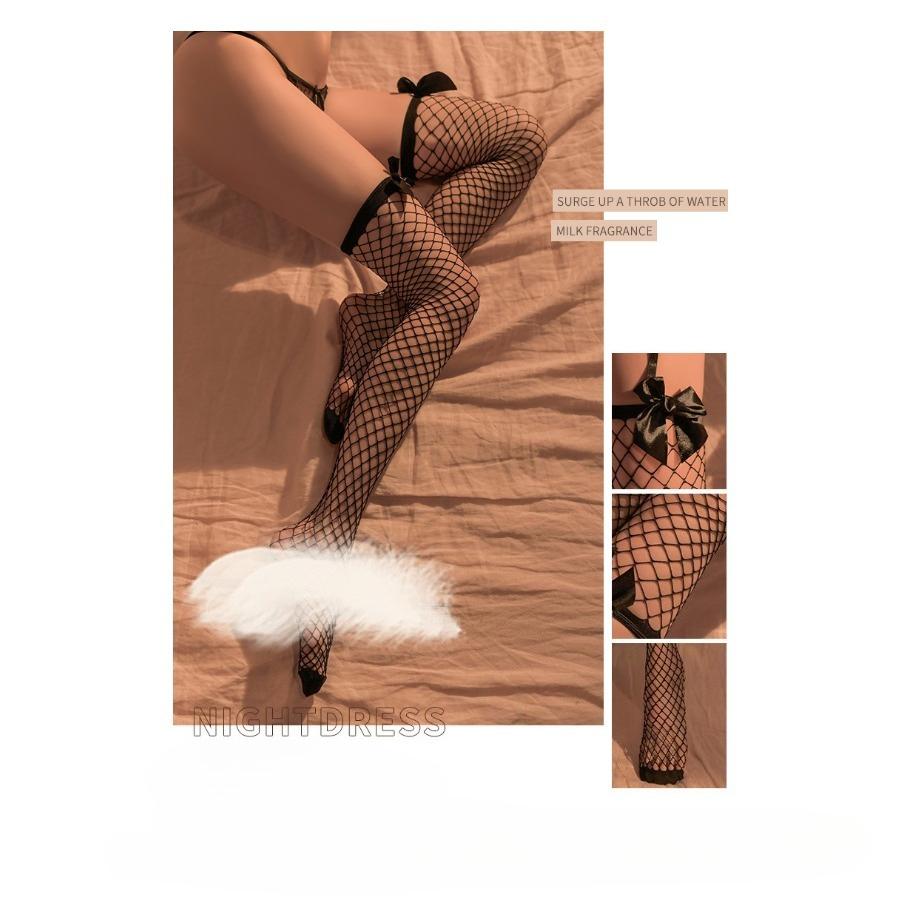 Pure desire lace tulle anti-slip long stockings, ultra-thin knee-length stockings, bowknot black stockings, high-waisted stockings