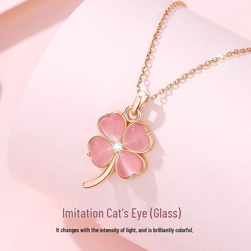 Tichya Four-Leaf Clover Cat s Eye Stone Necklace in Pure Silver with Rose Gold Clavicle Chain for Women.