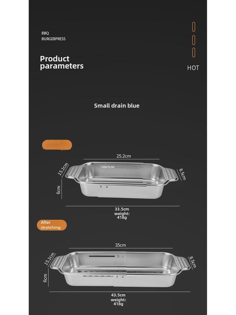 Universal 304 Stainless Steel Retractable Drain Basket for Sink - Rectangular, Thickened & Lengthened for Vegetable Washing