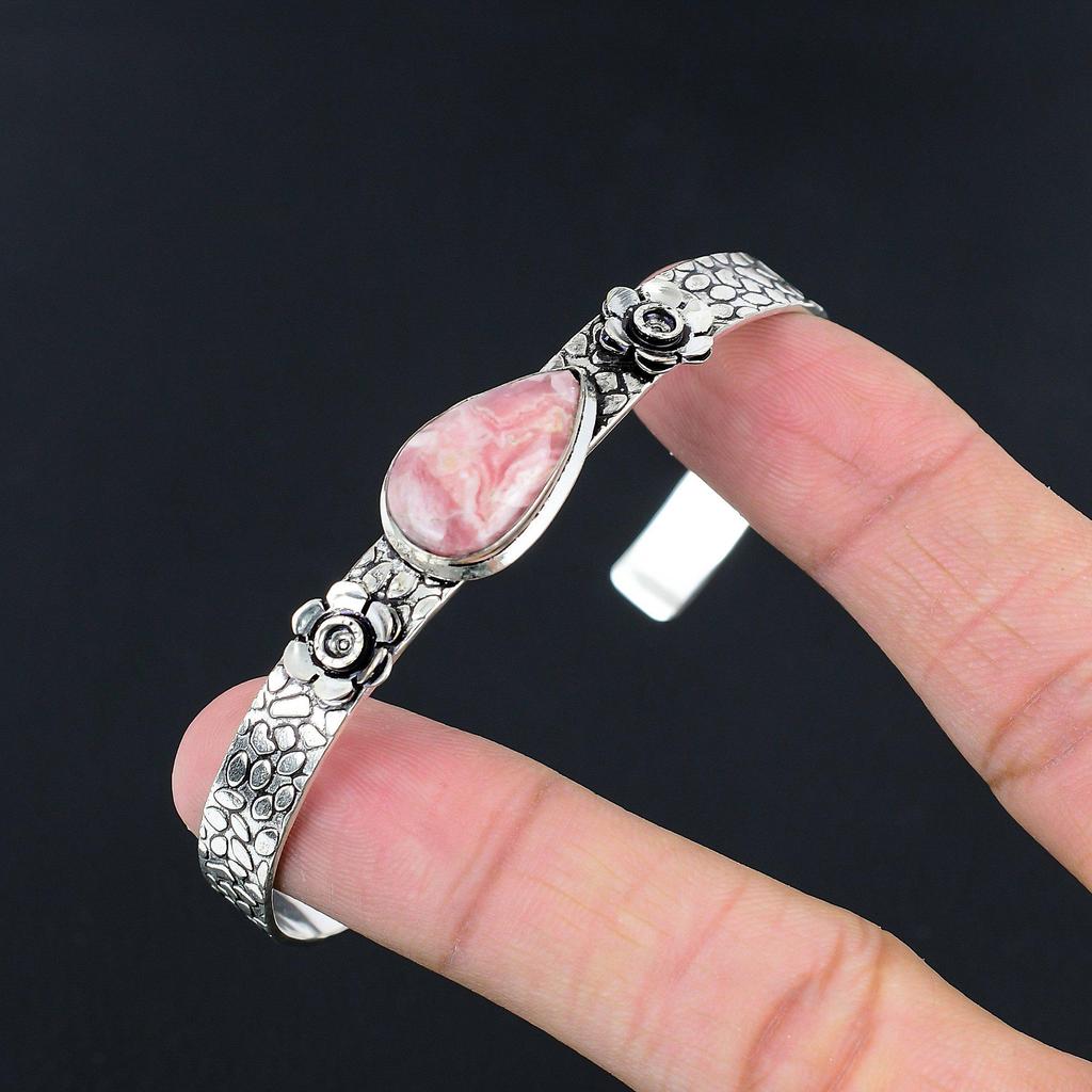 Daughters Day Deal Rhodochrosite Stone 925 Sterling Silver Flower Bangle Jewelry