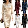 Damen Satin V-Ausschnitt Langarm Kleid mit taillierter Taille für die Arbeit