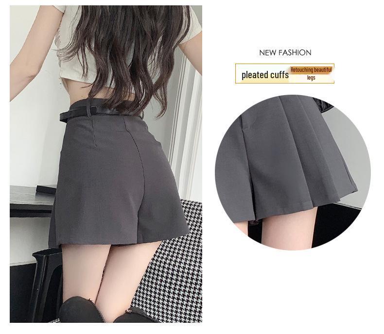 Women's Summer 2024 Gray Pleated High-Waist A-Line Skirt Shorts - Slim, Loose Fit