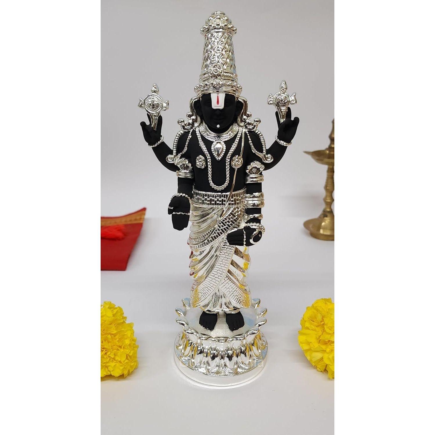 

Lord Tirupati Balaji Kamal Silver Plated Black Idol for Mandir Pooja | Lord Venkateswara Swamy for Diwali Decor