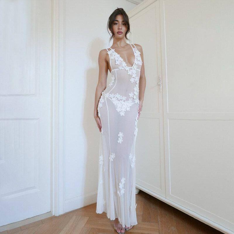 

New Cross-Border European and American Foreign Trade Deep V-Neck Sexy Backless Spaghetti Strap Dress with Mesh See-Through and 3D Floral Design Off-White S