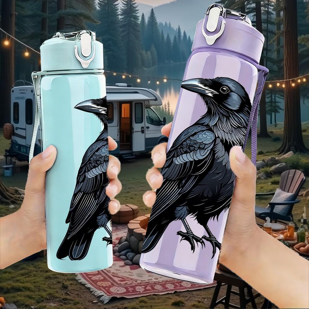1PC Black Raven Bird Dark Pattern 750ml Color Plastic Sports Water Bottle Leakproof Flip Straw Lid Suitable for Sports Office Home Use