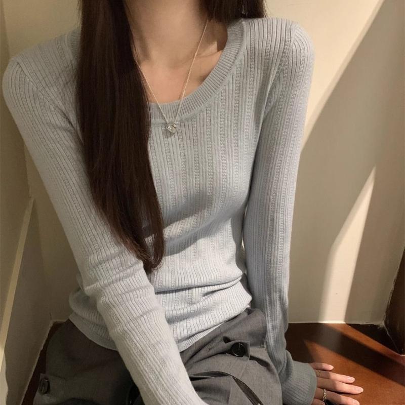 Korean Style Slim Fit Elegant Thin Round Neck Pullover Soft Knitwear Spring Base Layer Long Sleeve Versatile Top For Women